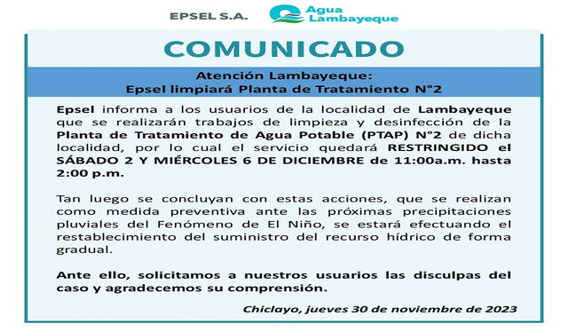 Comunicado oficial de la Entidad Prestadora de Servicios de Saneamiento de Lambayeque (Epsel). Fuente: Epsel