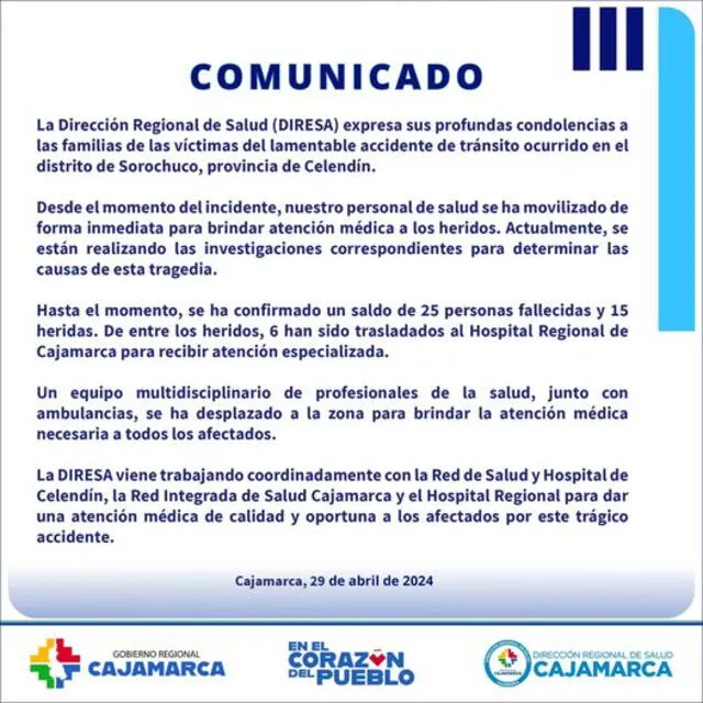 Diresa de Cajamarca expresó sus condolencias con los familiares de los fallecidos e informaron que se les brindarán las atenciones oportunas a los heridos. Foto: Diresa.