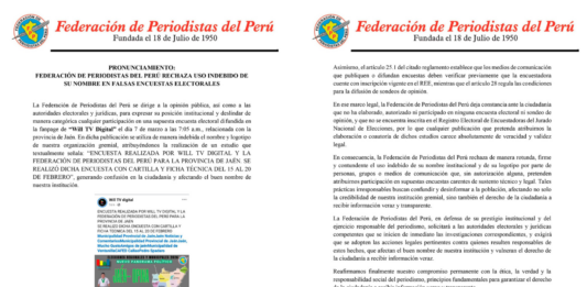 PRONUNCIAMIENTO: FEDERACIÓN DE PERIODISTAS DEL PERÚ RECHAZA USO INDEBIDO DE SU NOMBRE EN FALSAS ENCUESTAS ELECTORALES