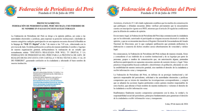 PRONUNCIAMIENTO: FEDERACIÓN DE PERIODISTAS DEL PERÚ RECHAZA USO INDEBIDO DE SU NOMBRE EN FALSAS ENCUESTAS ELECTORALES