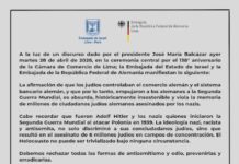 Embajada de Israel y Alemania rechazan expresiones del Pdte. del Perú